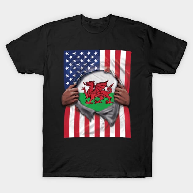 Wales Flag American Flag Ripped - Gift for Welsh From Wales T-Shirt by Country Flags